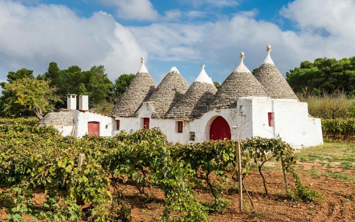 an old white building with many roofs in a field