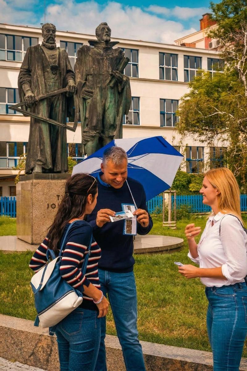a group of people standing in front of a statue