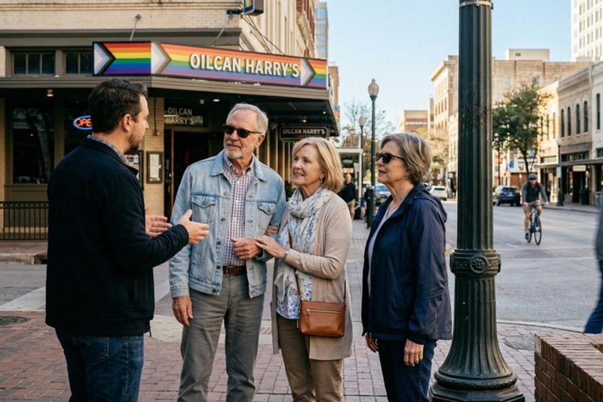 a group of people standing on a street corner