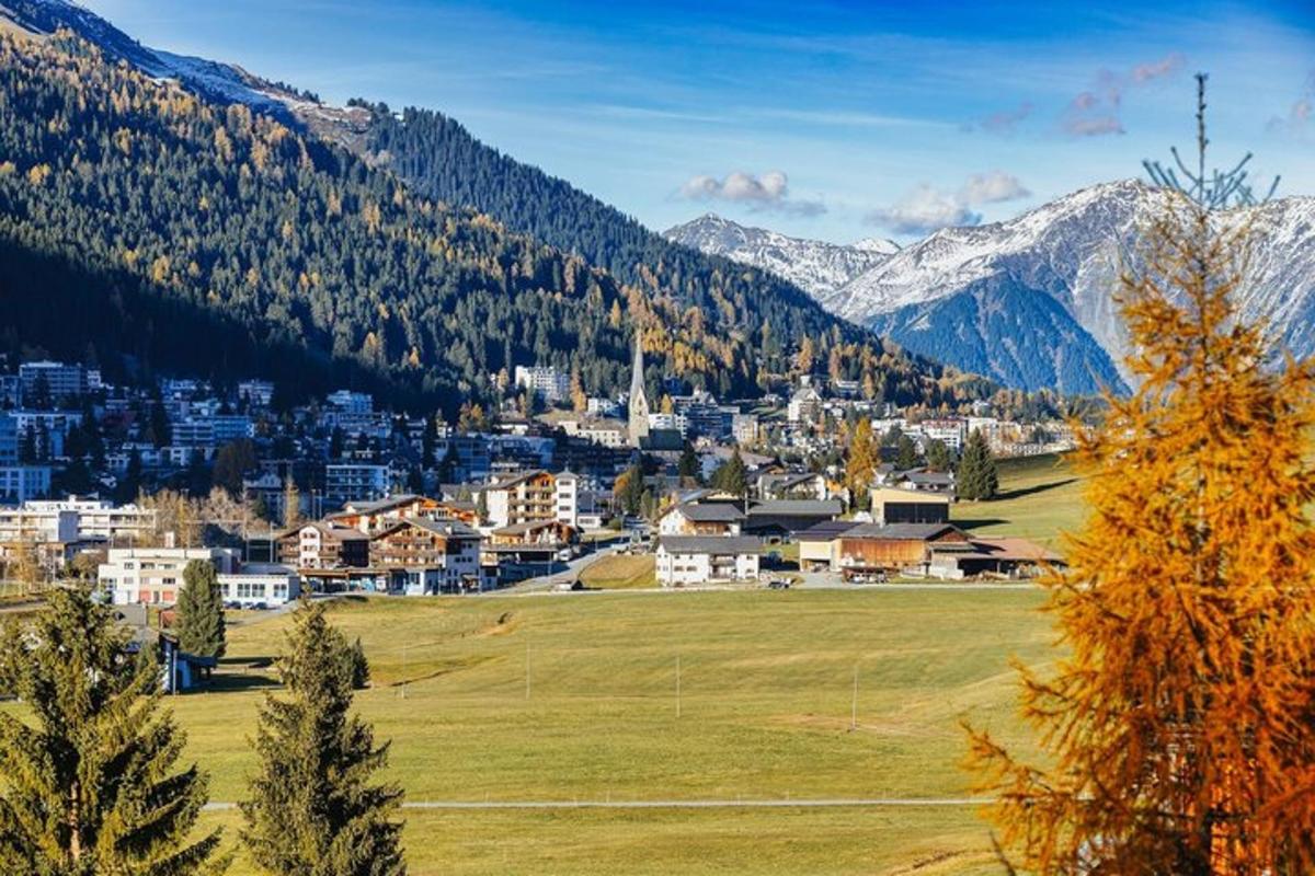 a town in a field with mountains in the background
