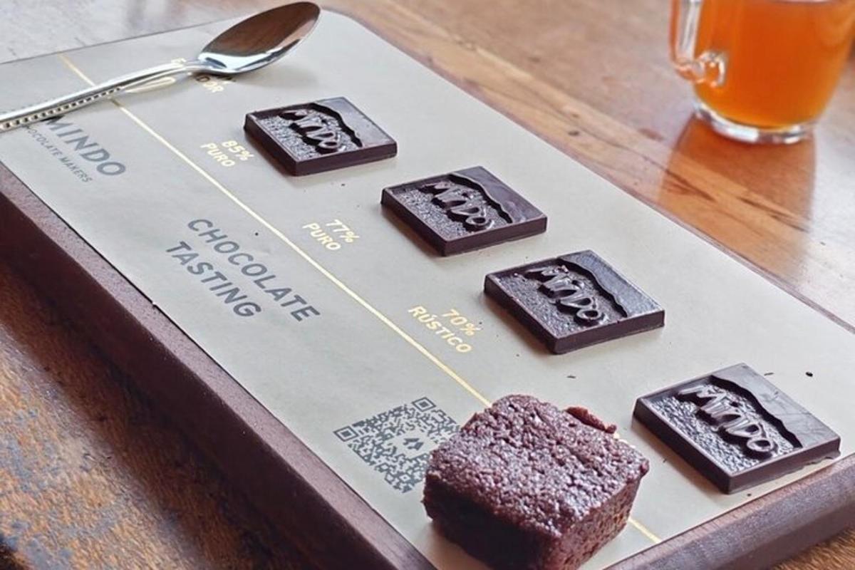 a tray with chocolate brownies and a spoon and a drink