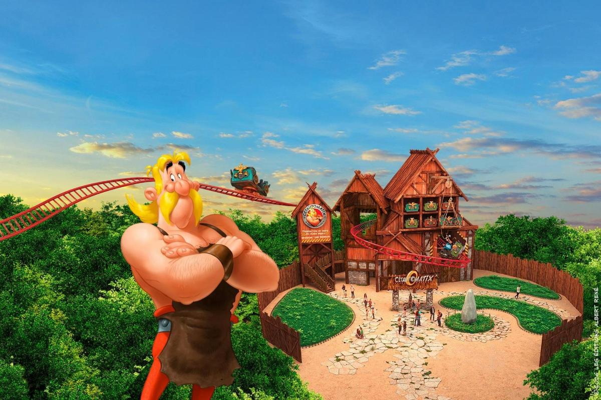 a cartoon picture of a amusement park with a roller coaster