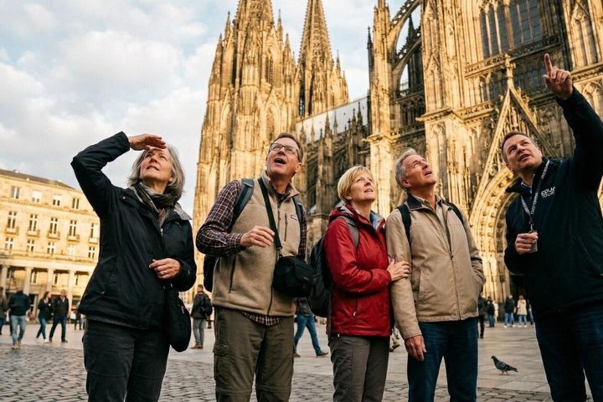 a group of people standing in front of a cathedral