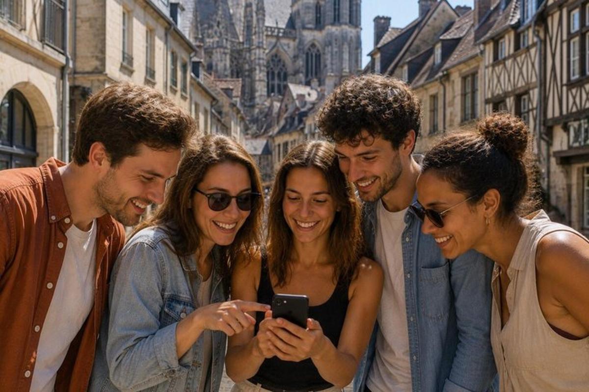 a group of people looking at a cell phone