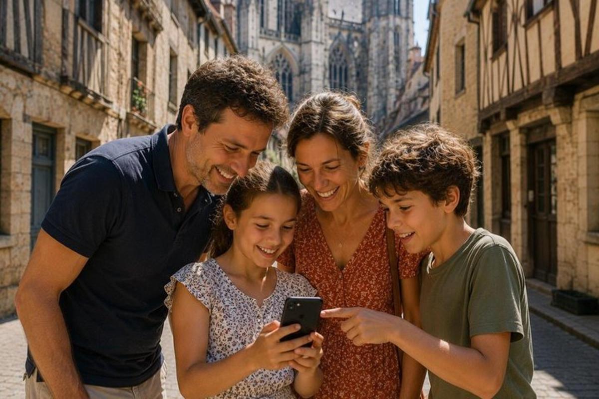 a family is looking at a cell phone
