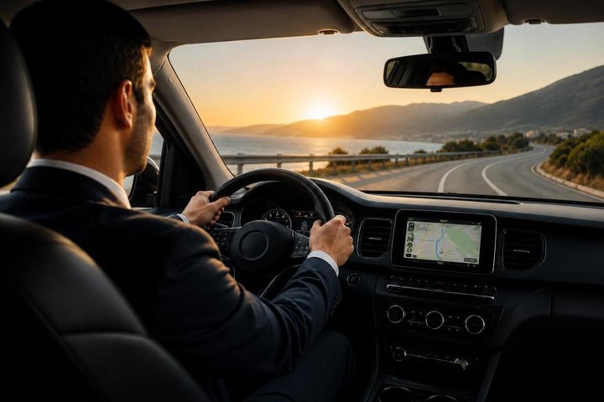 a man driving a car on a road
