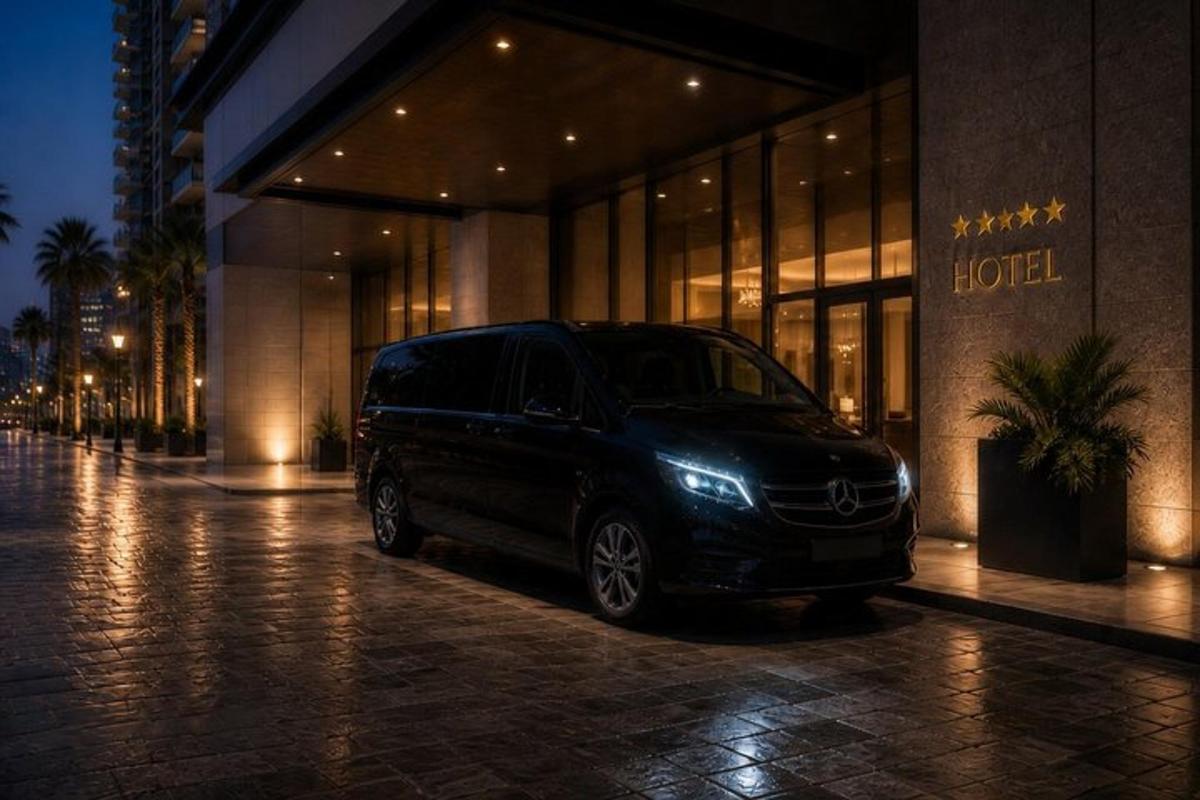a black van parked in front of a building