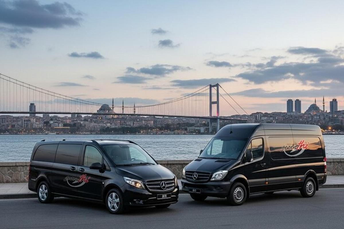 two vans parked next to each other in front of a bridge